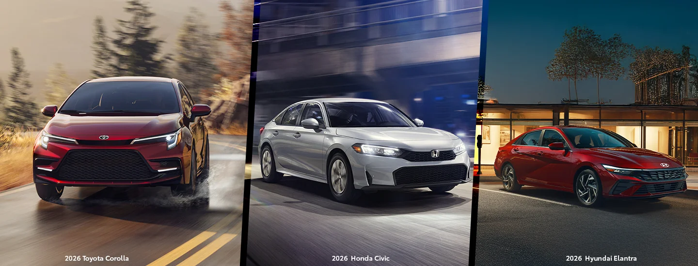 Side by side images of a 2026 Toyota Corolla a 2026 Honda Civic and a 2026 Hyundai Elantra