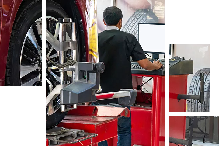 Service technician checking the alignment on a vehicle at Toyota of Tampa Bay