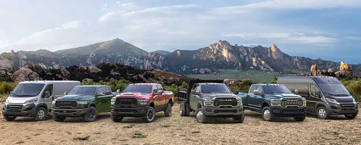 lineup of work trucks