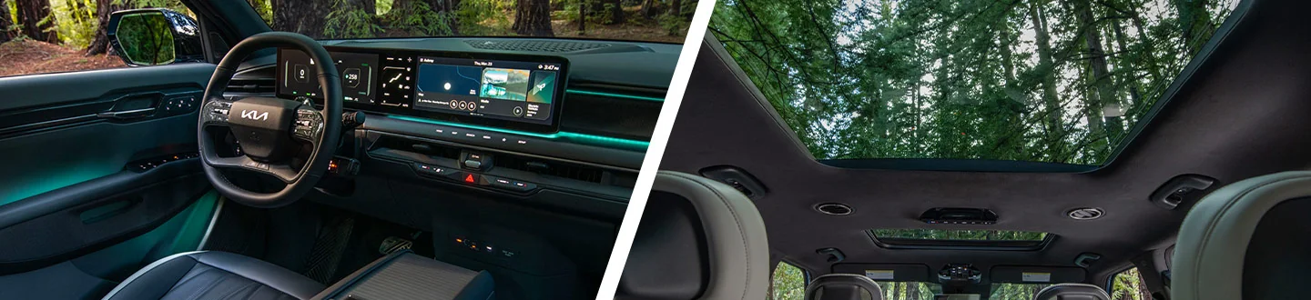 split image of kia ev9 front dash and sunroof