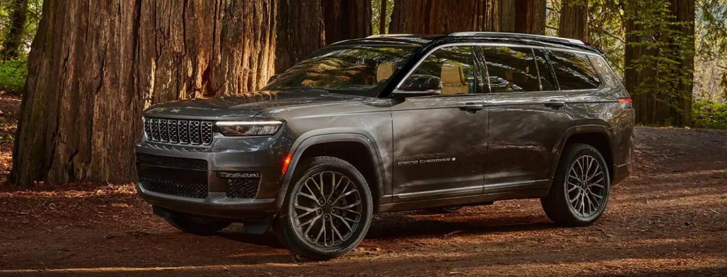 2021 Grand Cherokee L on road driving next to large red wood trees