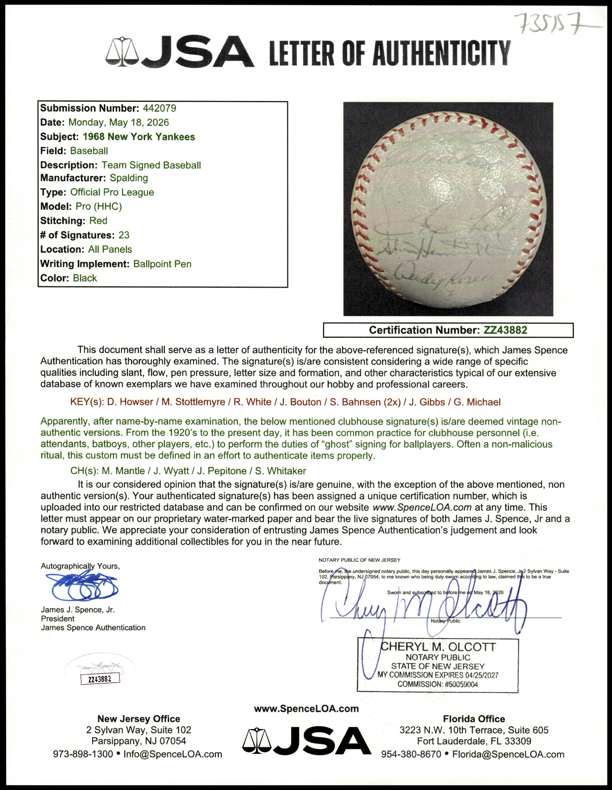 1968 Yankees  Team Ball (23 sigs) 6 JSA LOA (FULL)