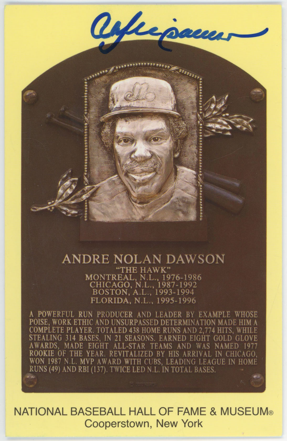 Yellow HOF Plaque 37 Andre Dawson 9.5