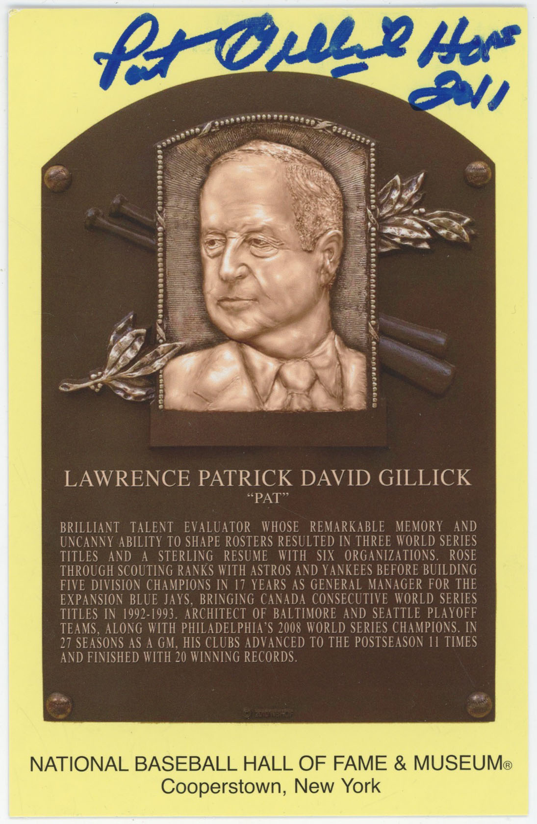 Yellow HOF Plaque 57 Pat Gillick 9.5