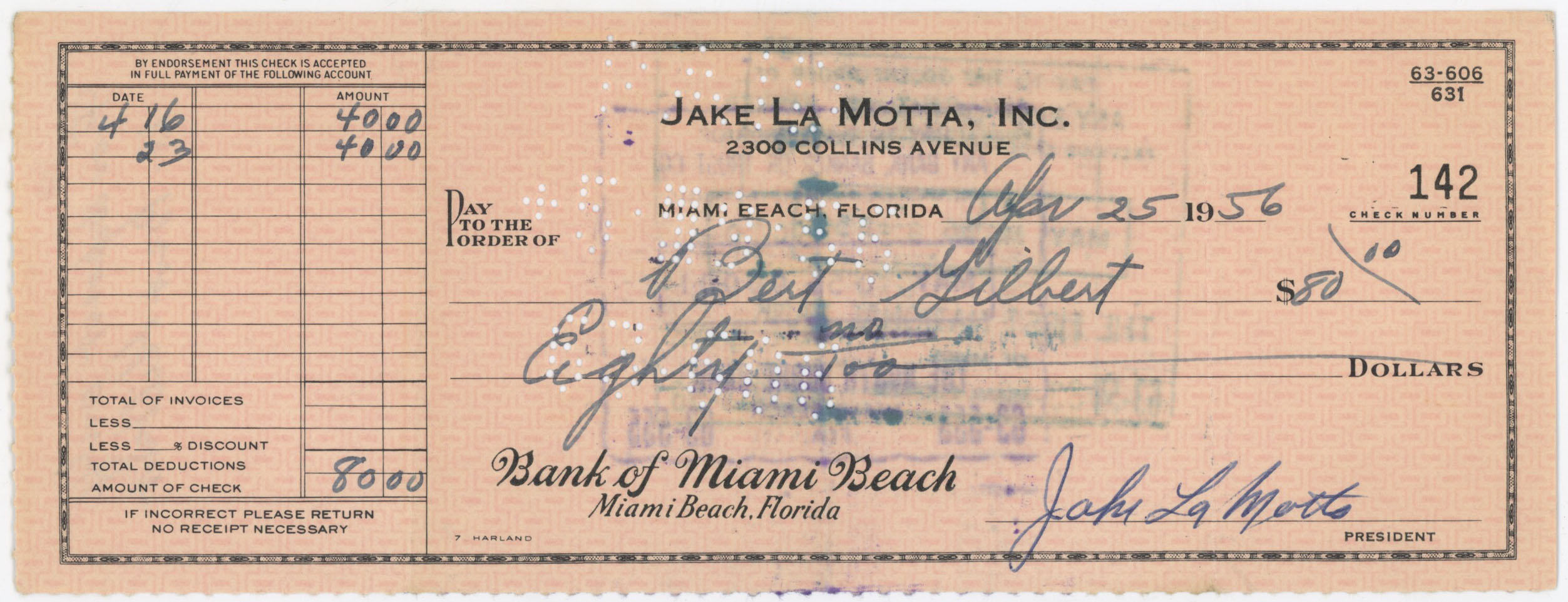    LaMotta, Jake Signed Large Format 1956 Check 9 