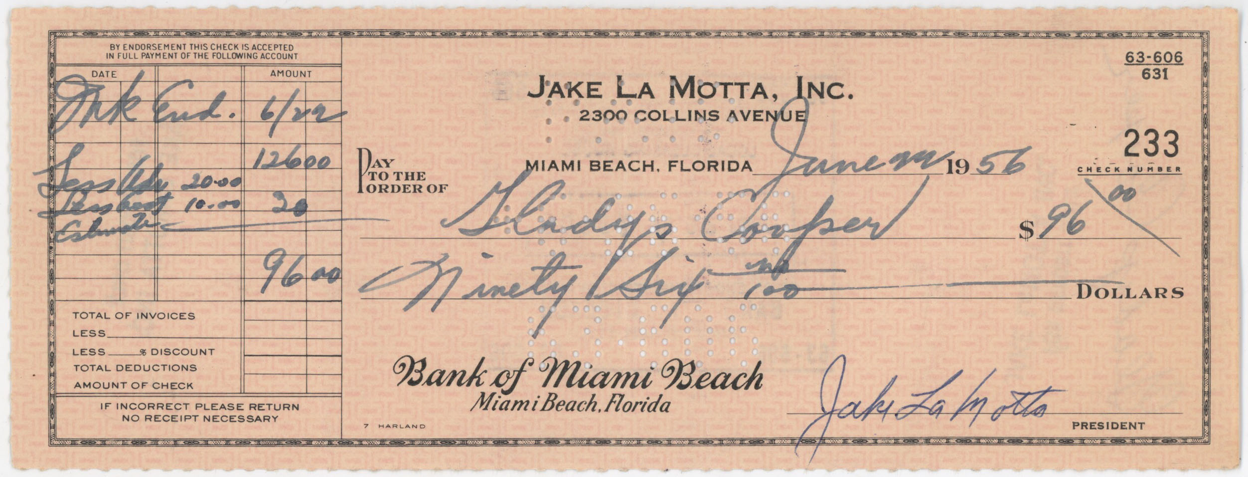 LaMotta, Jake Signed Large Format 1956 Check 9