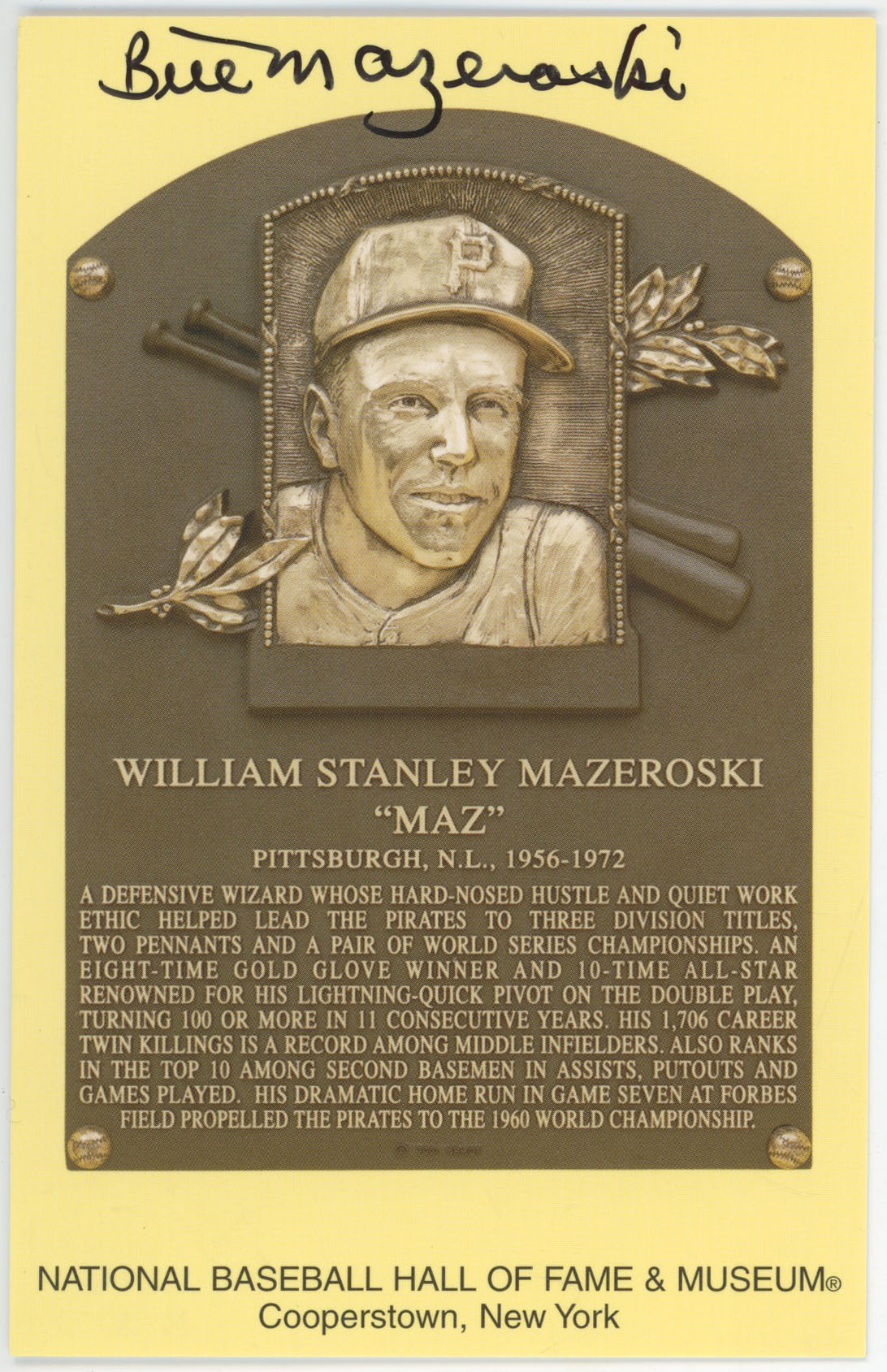 Yellow HOF Plaque 113 Bill Mazeroski 9.5 