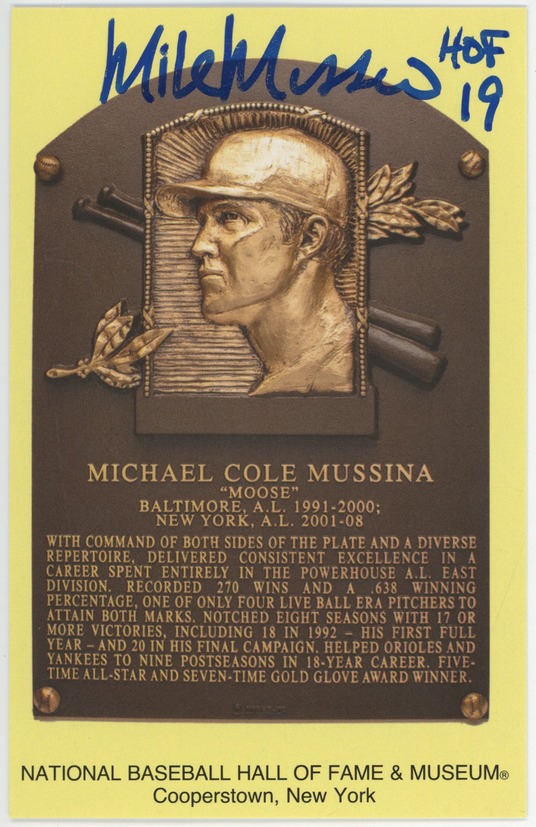 Yellow HOF Plaque 122.2 Mike Mussina 9.5