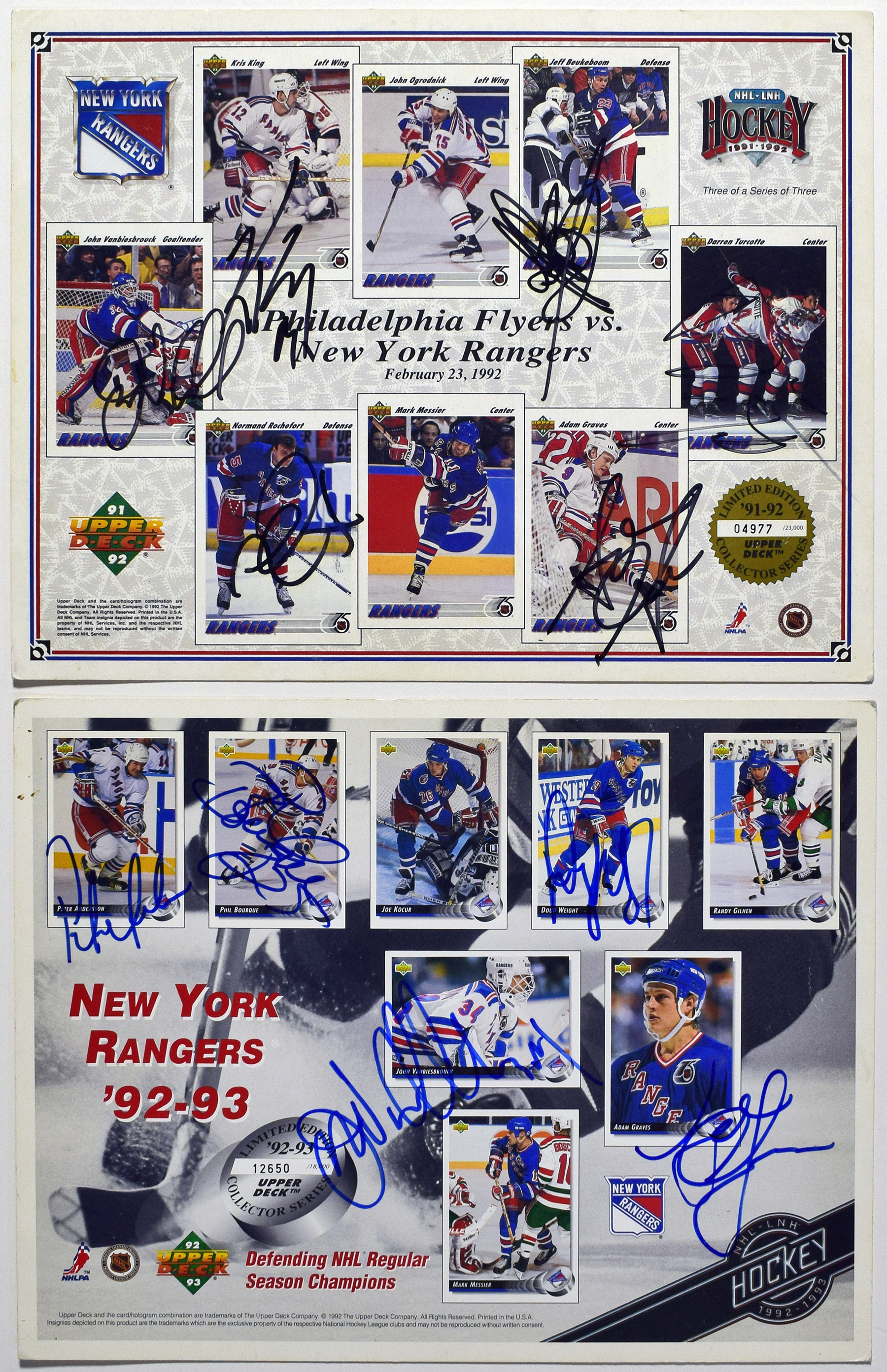    Pair of 1992 New York Rangers Signed Upper Deck Prints w/stars (11 sigs) 9 