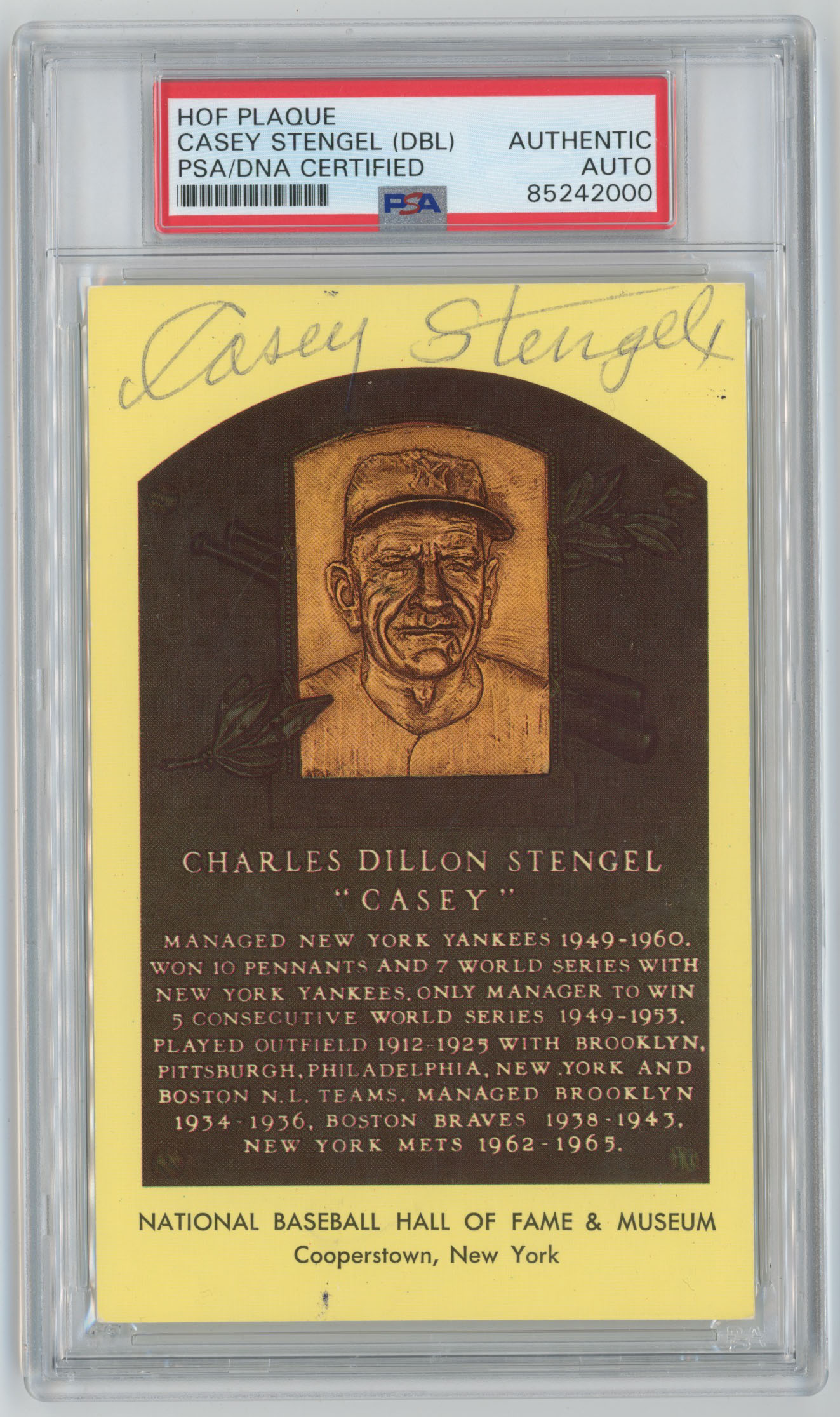 Yellow HOF Plaque 161 Casey Stengel 8 (PSA slabbed, double-signed)