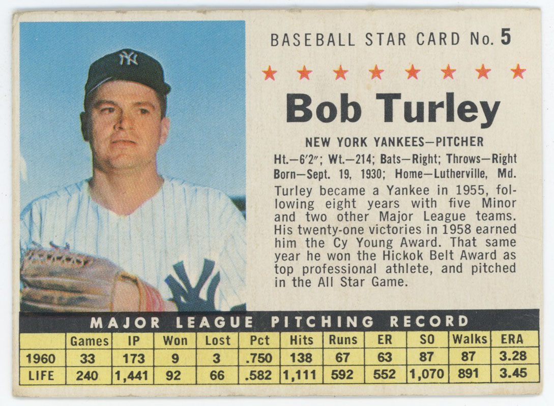 1961 Post Cereal 5 Bob Turley (company) Ex