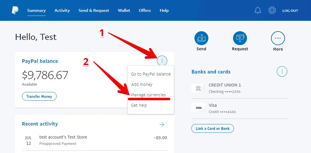 PayPal manage currencies balance summary