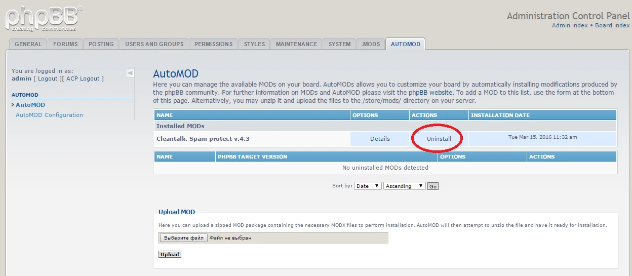 phpBB Anti-Spam mod uninstall