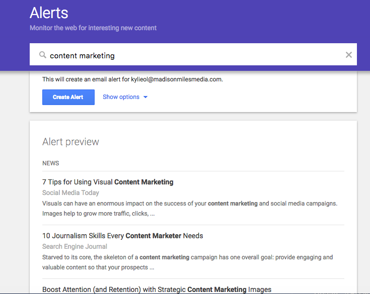 Screenshot of Google Alerts