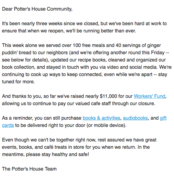 Potter's Community emailer that sets an example for content marketing in the COVID-19 crisis