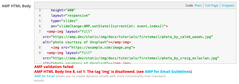 This AMP Email fails validation because the <img> tag is not allowed