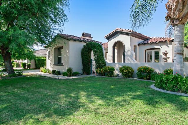 Stunning,Spanish style architecture in La Terrazza Monterey Estates.This beautiful Rancho Mirage home features many custom upgrades throughout the interior & exterior.It has three bedroom,3.5 bathrooms & casita,a dramatic courtyard entry complete with water feature & outdoor fireplace, formal dining room,great room equipped with surround sound, raised hearth fireplace,illuminated media/art niches,custom window coverings,special ceiling and wall surfaces,dramatic porcelain tile flooring, upgraded lighting features,built-in audio & ceiling fans. The gorgeous kitchen features custom maple cabinetry, slab granite counters, custom backsplash,pull-out shelving system, center island with a desk area. Master bedroom has crown molding and a coffered ceiling, upgraded bathroom with oval bathtub,separate block wall shower,dual vanities. The 2nd. bedroom/office is equipped with custom built-ins.The customized laundry has a sink. A glass-tech Salt Water Pool has a raised spa.Low HOA's-$135.