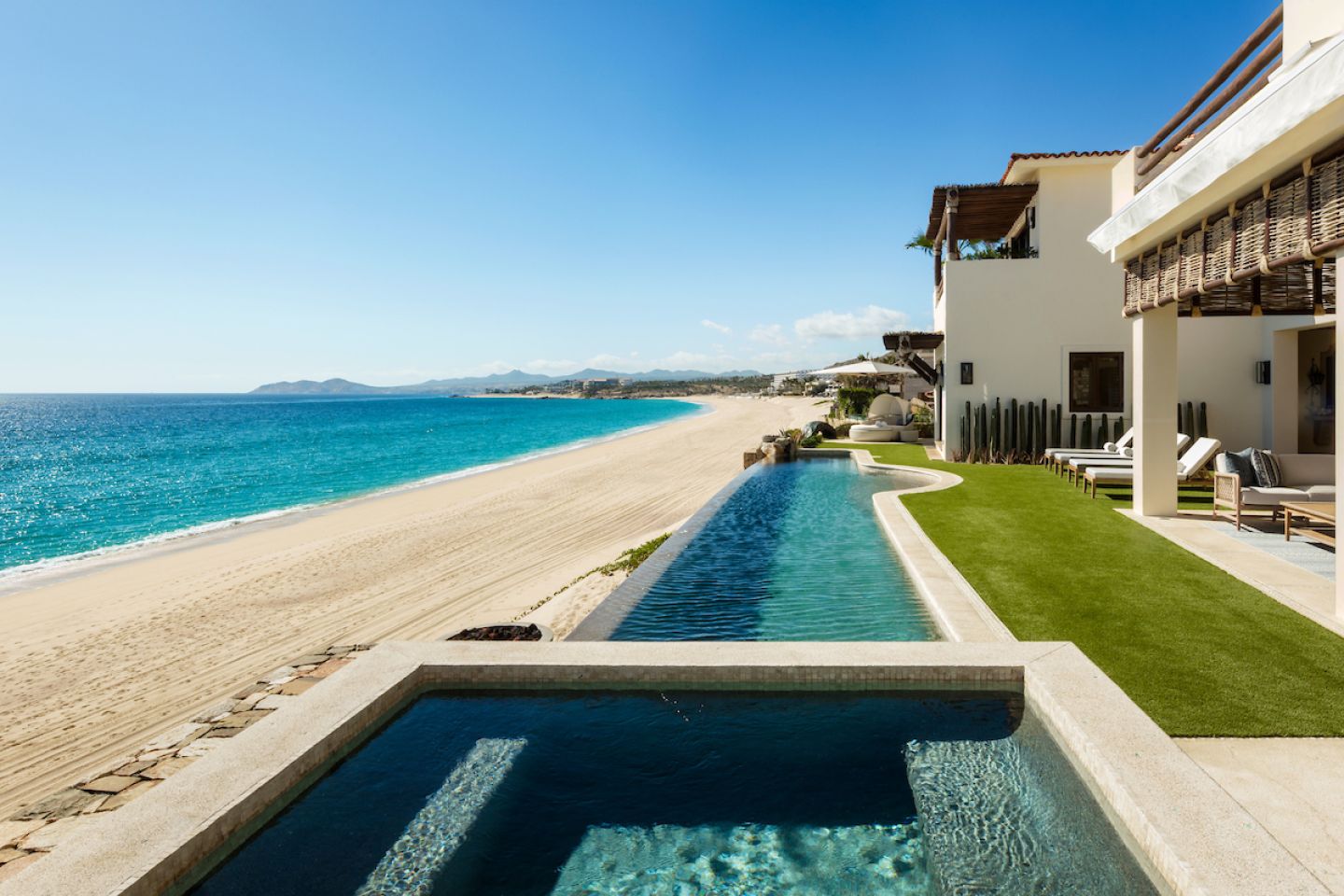 This magnificent ocean front home is an example of oceanfront living at its best. Located only a few doors from our world class Beach Club Casa 105 offers over 6,981 square feet of living space, with 5 bedrooms/6.5 baths, this beautiful home feature a movie theater, an office and private balconies with wonderful view of Sea of Cortez. The view to the point for sunsets combined with the location makes this property a unique offering at El Dorado. 