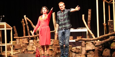 Manpower Tow Destination Language Kat and Alister from Two Destination Language are on the wooden set of their show Manpower, bowing