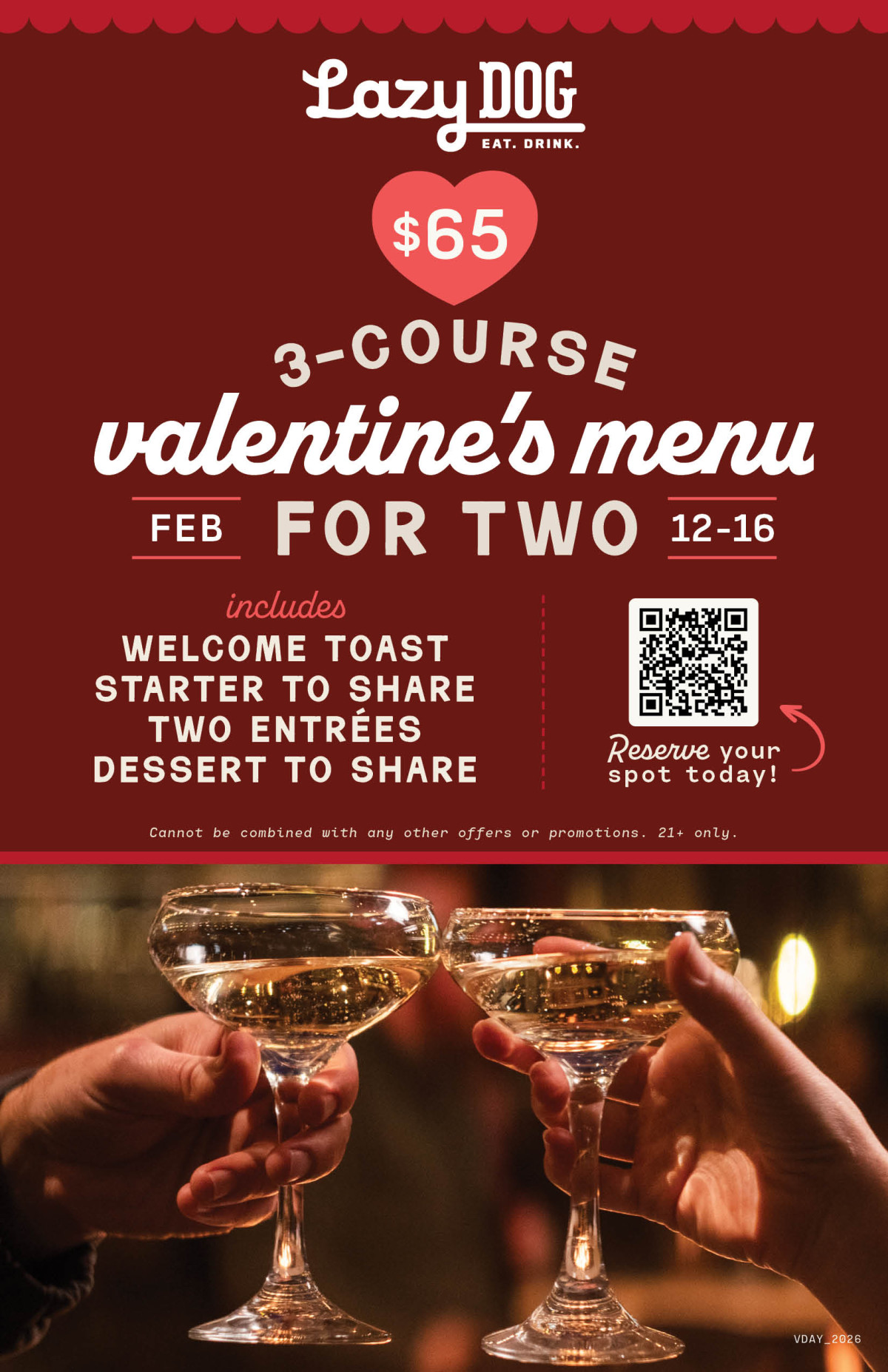 Sale fromLazy Dog Restaurant & Bar: Valentine’s Menu for Two