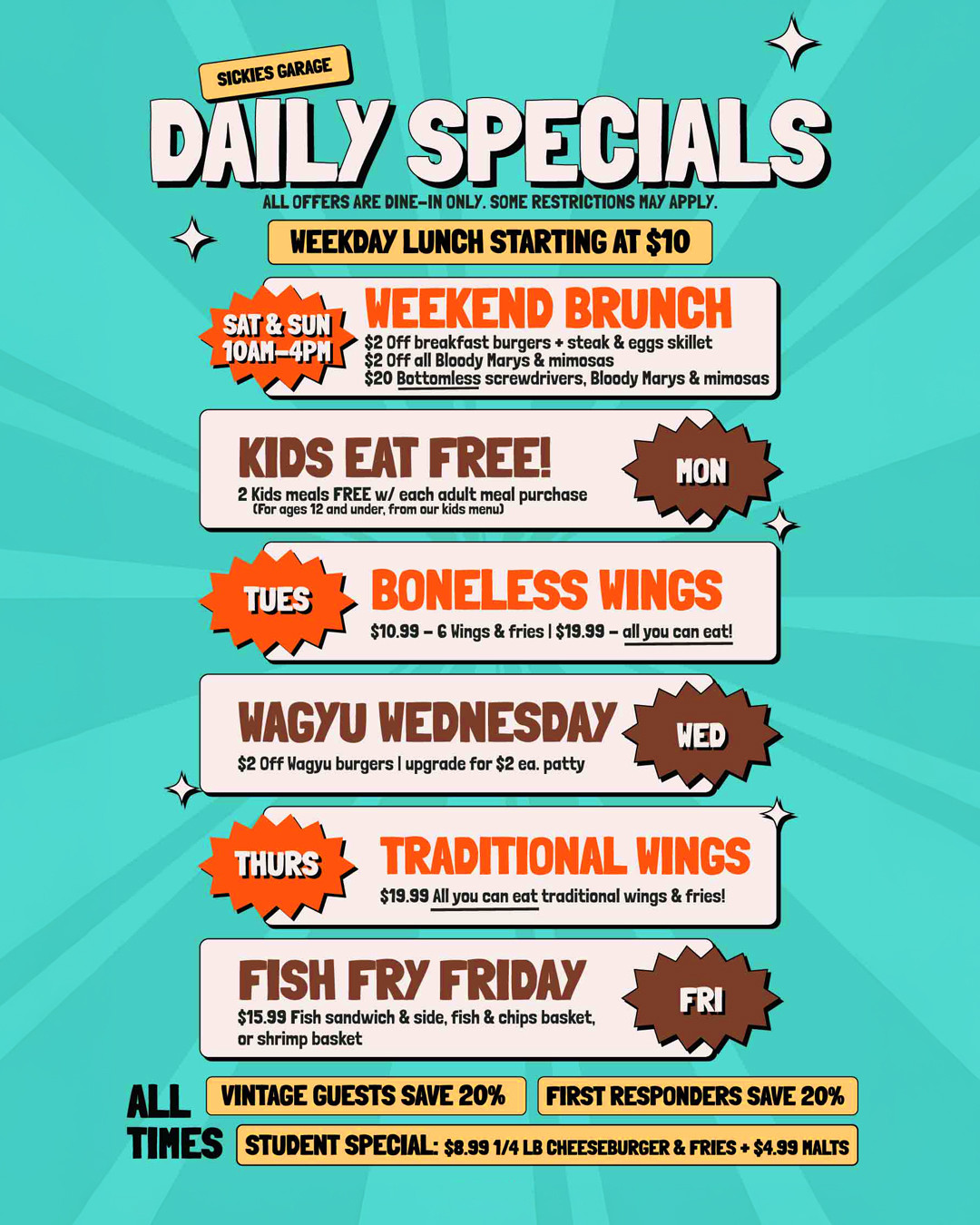 Sale fromSickies Garage Burgers & Brews: New Specials