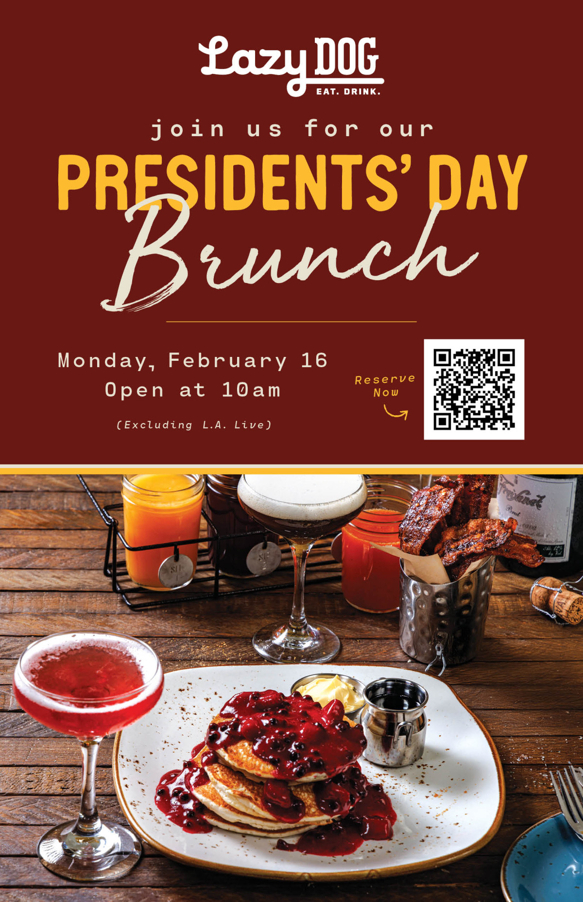 Sale fromLazy Dog Restaurant & Bar: Presidents’ Day Brunch