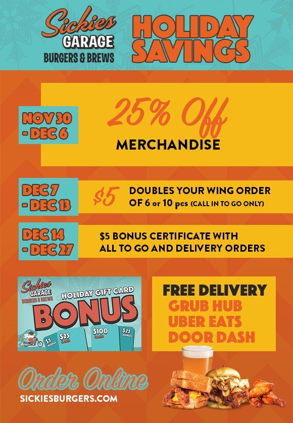 December brings extra wings & promos to Sickies Garage!