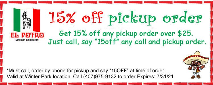 15% Off Phone Pickup/Carryout Orders