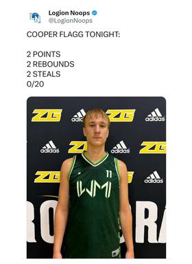 Cooper Flagg went 1/9 from the field and was a -20 in his 31 minutes tonight...