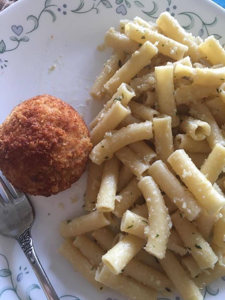 Tonight's dinner:  Bobby Chez crab cake. Pasta with garlic butter and minced crabmeat!