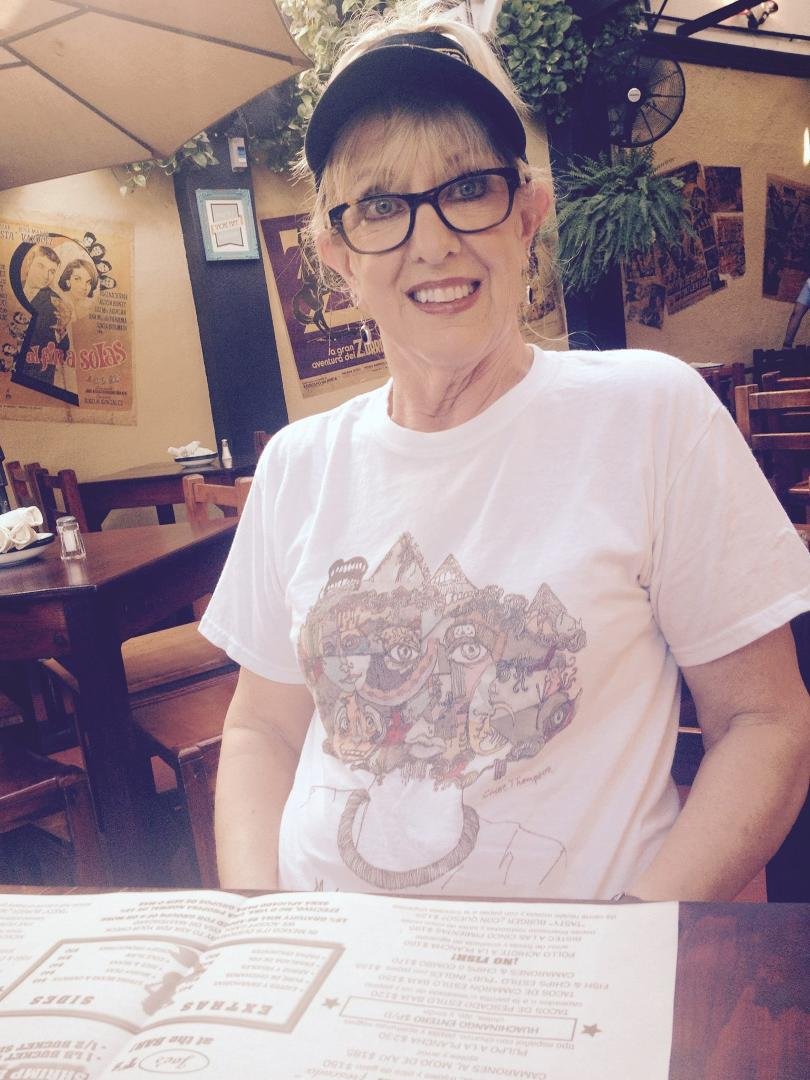 Cathy wearing an original Chloe Thompson tee.