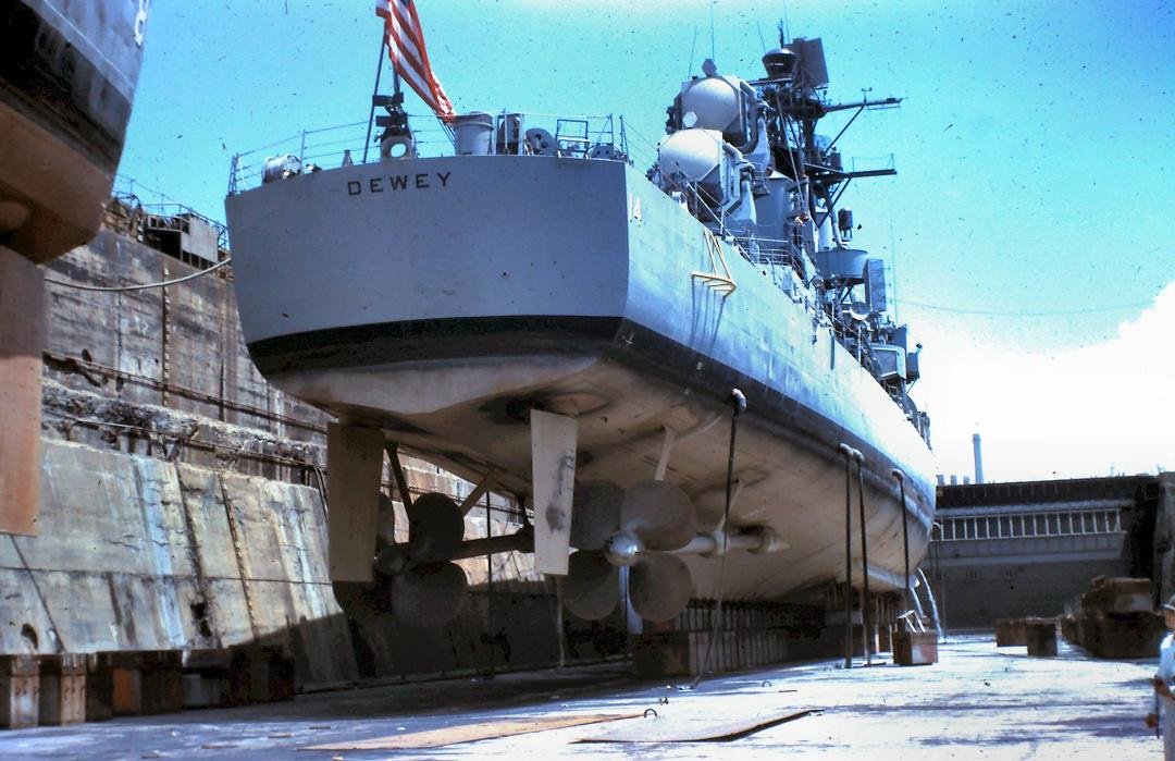 My ship, USS DEWEY, DLG-14, in drydock Portsmouth about 1961 or so.