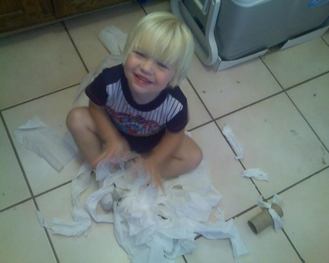 Such a stinker! He had so much fun that day! He made fast work of that tube of tp.