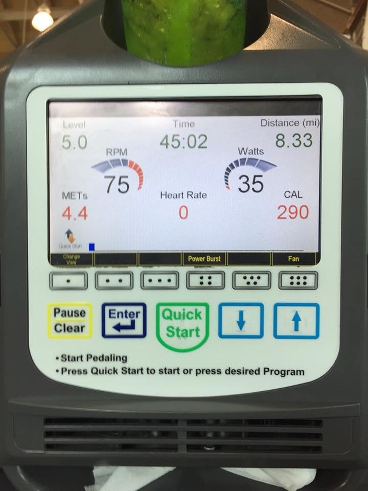 Work Out #9 July 30,2018 8:17am
Work Out #8 July 27, 2018 8:22am, TGIF

Hip adductor 90 lb 5 sets of 10
Hip Abductor 70lbs 5sets of 10
Leg Press 100lbs 5 sets of 10
Tricep Press 30lbs 5x10
SciFit45:02 Min, 8:33 Miles, Calor