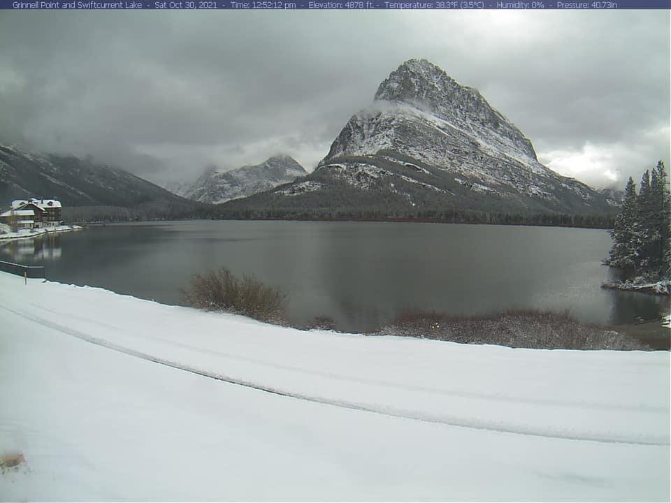 Finally snowing in the lower valleys on the east side of Glacier National Park today! This photo is at Many Glacier Hotel.