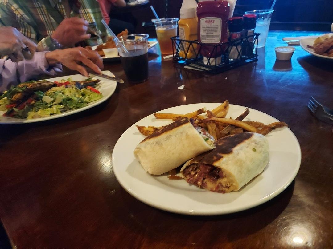 Corned beef reuben burrito at O'Riley's Irish Pub in downtown Pensacola, FL for lunch.