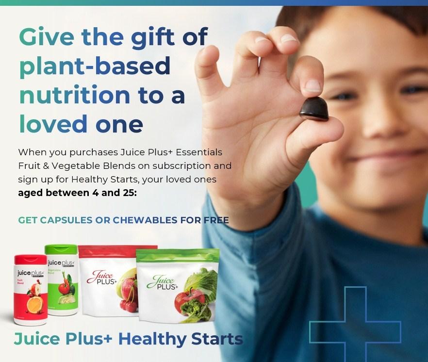 Ready to give your family a healthier start?
The Juice Plus+ Healthy Starts program is a simple way to add more whole-food nutrition to your family's daily routine. It's not a replacement for fruits and vegetables, but it