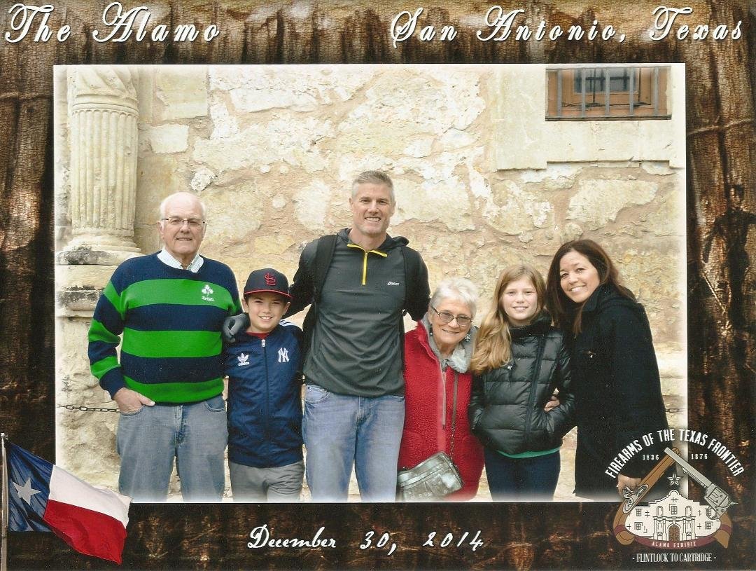 1/3 of Baker clan at the Alamo Dec. 2014. Jay, grandson Zach, son kevin, Diane, granddaughter Reese and daughter-in -law Lisa.