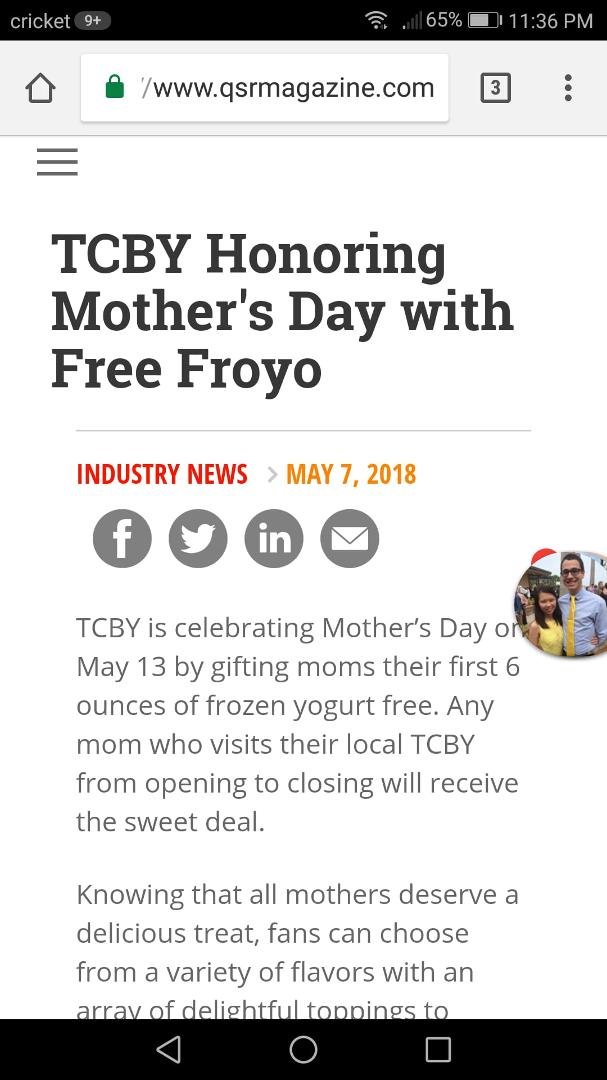Free TCBY yogurt for moms on this mother's day