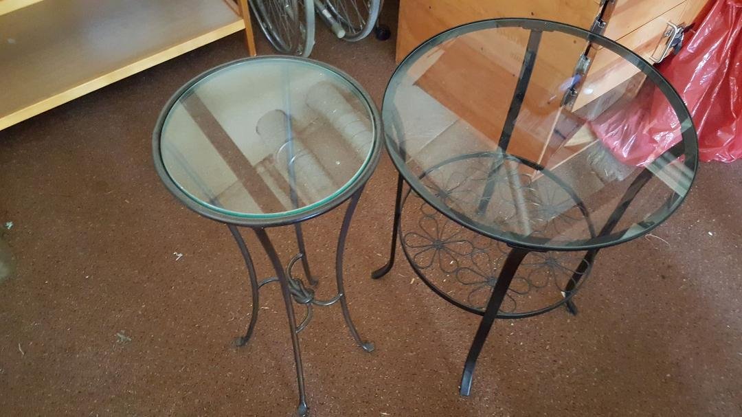 two glass top, decorative steel end tables