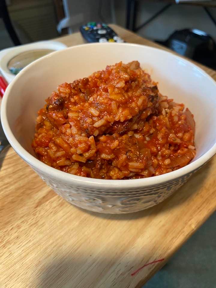 Took 1 pound of Ground Turkey, browned it up with 2 pounds of Sweet Onions. When cooked I added 1 can of Tomato Paste and 2 28 Oz. Cans of Crushed Tomatoes. Added some Garlic Spread, Dill and ground pepper. Mixed into a