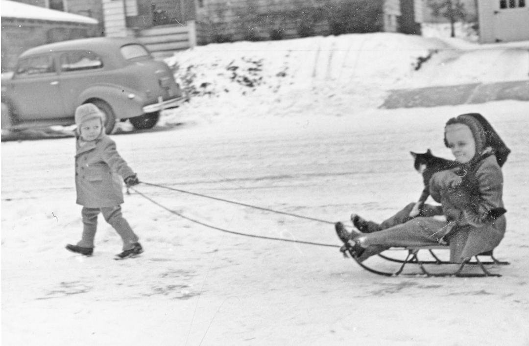 Me pulling my cousin Patty and Penny the cat on a sled near Corning c1945.