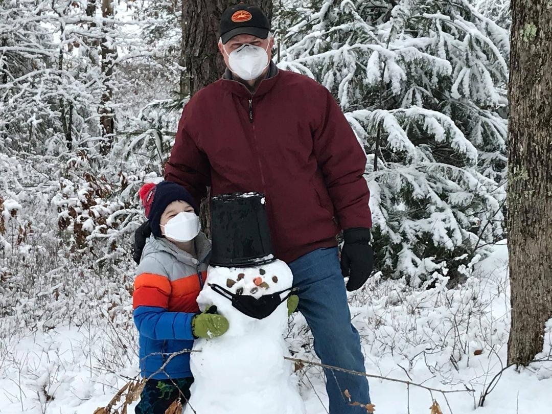 A Covid snowman! He's counting down. Two more shots to go. the second for Grandma and Grandpa and then he can come for a real visit. We all can't wait!!