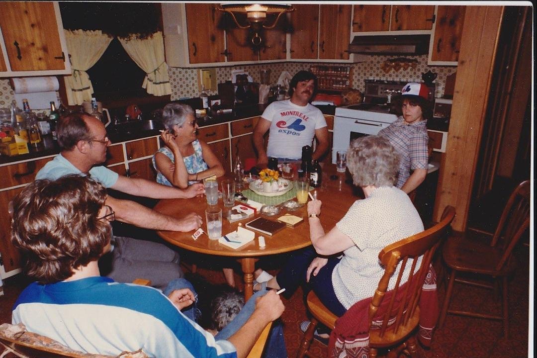 In the Reed kitchen, from left, John Reed (rear view), Lucien Reed, Noreen Reed, Dan Reed, Maureen Cole (Jay in the oven), Elizabeth Groulx (my Aunt Betty)