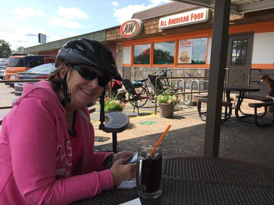 A little break during our 40 mile bike ride on the Paul Bunyan Bike trail. Perfect weather!