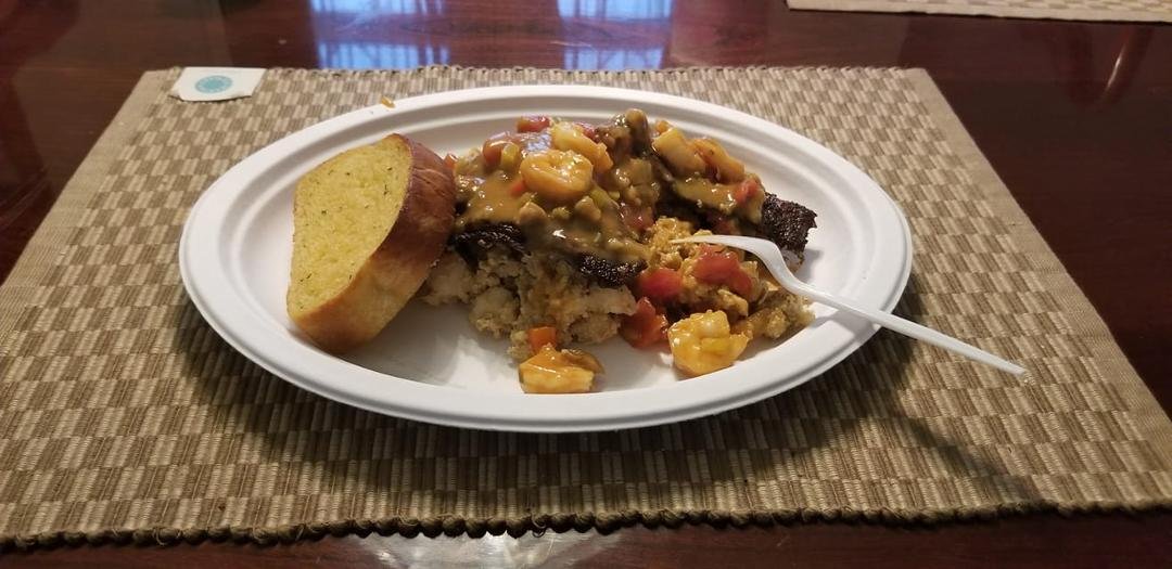 This is what's for dinner. Shrimp dressing, blackened redfish shrimp etouffee'.