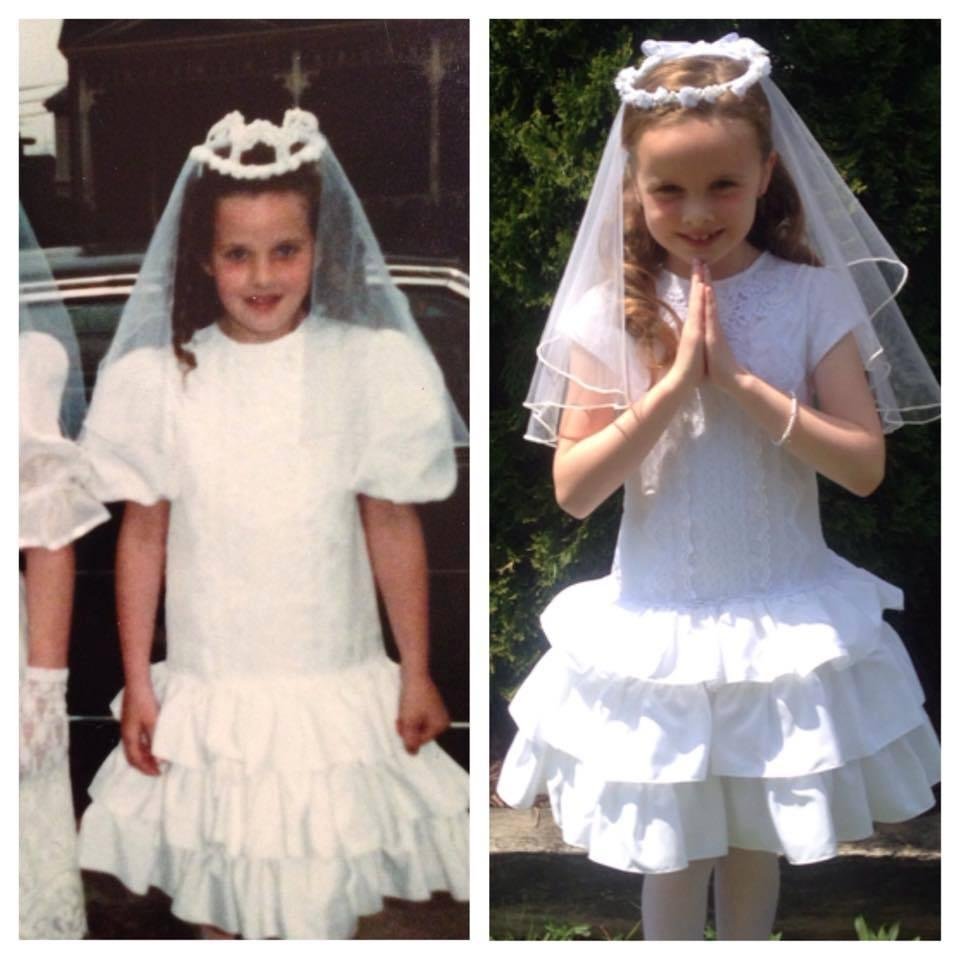 "1989" - "2015" "27 years later"
"Same dress, same veil" "My beautiful girls"