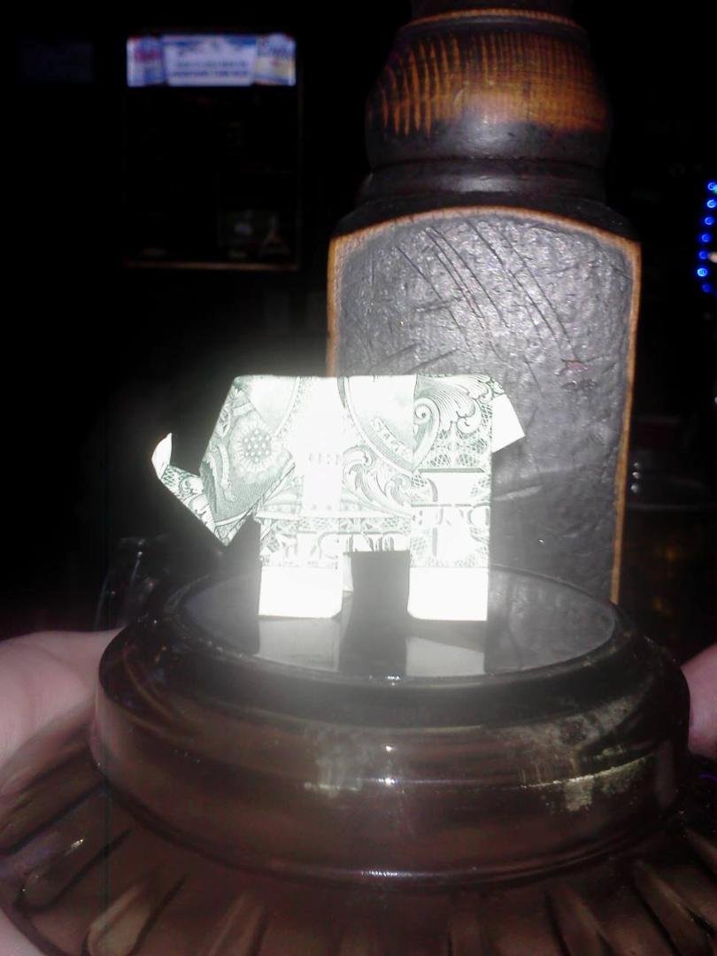 This was was my tip from the biker guys, a baby elephant. Made out of a dollar. Sooo cute!