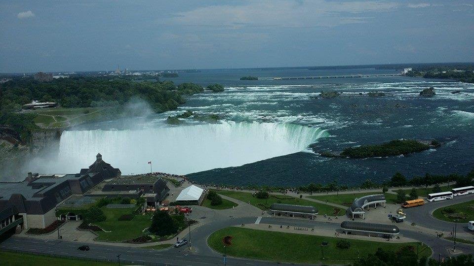 The daytime view from our hotel window (Horseshoe Falls).