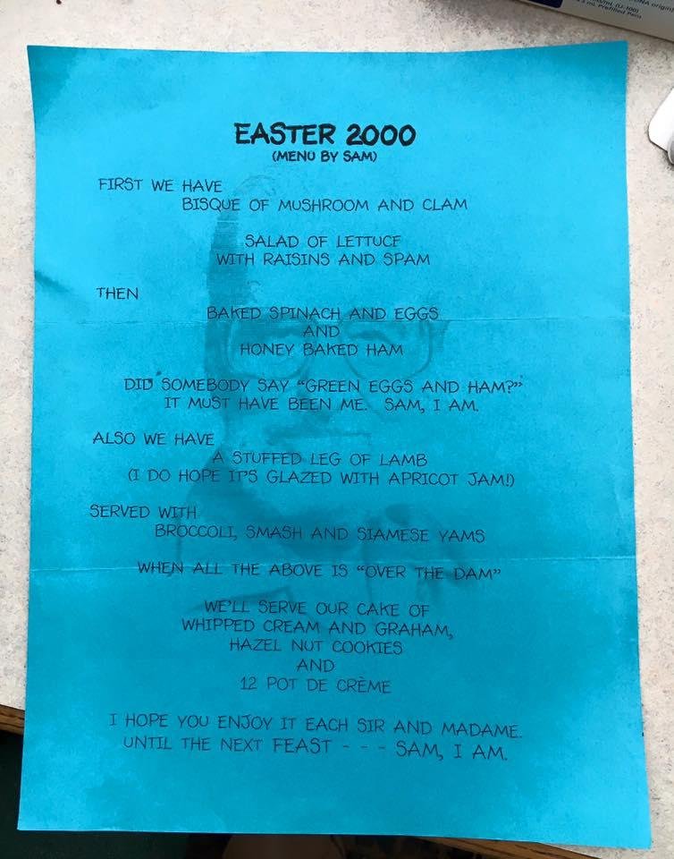 Today is Dr Seuss Birthday. Our tribute in our 2000 Easter menu